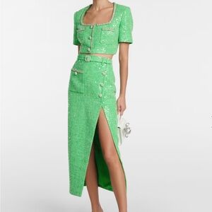 SELF PORTRAIT SEQUIN EMBELLISHED BOUCLE CROP TOP AND MIDI SKIRT GREEN SET US 4